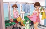  absurdres akizuki_ritsuko annindoufu_(oicon) antenna_hair blush boots brown_eyes brown_hair cool_&amp;_sexy_(idolmaster) cute_&amp;_girly_(idolmaster) glasses highres idolmaster idolmaster_(classic) mirror official_art reflection short_hair solo thighhighs 