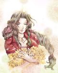  aerith_gainsborough anna-lanotte braid brown_hair choker cropped_jacket final_fantasy final_fantasy_vii flower green_eyes hair_ribbon long_hair ponytail ribbon single_braid solo very_long_hair 