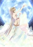  absurdly_long_hair akino_subaru arm_up armpits bad_id bad_pixiv_id blue_eyes bra bracelet breasts brown_hair celestial_stones cleavage from_side full_body hair_between_eyes jewelry long_hair long_skirt midriff navel personification skirt small_breasts solo underwear very_long_hair white_bra white_skirt 