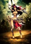  1girl bad_anatomy bandana barefoot black_hair cloud commentary english_commentary full_body genzoman hip_focus holding holding_sword holding_weapon long_hair midriff mitos_y_leyendas navel photoshop_(medium) pirate sida_al_hurra_(mitos_y_leyendas) signature sky solo standing sword weapon 
