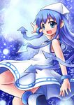  blue_eyes blue_hair dress hat hidechuu ikamusume long_hair pointing shinryaku!_ikamusume solo tentacle_hair 