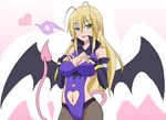  1girl artist_request blonde_hair blush breasts character_request cleavage demon_girl demon_tail demon_wings gloves green_eyes heart jumon large_breasts long_hair lotte_no_omocha! mercelida_ygvar milf naughty_face navel navel_cutout pantyhose pointy_ears smile solo succubus tail widescreen wings 