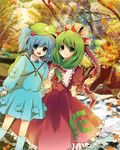  :d autumn backpack bad_id bad_pixiv_id bag blue_eyes blue_hair bow dress frills front_ponytail green_eyes green_hair hair_bobbles hair_bow hair_ornament hat highres holding_hands interlocked_fingers kagiyama_hina kawashiro_nitori key leaf light_rays long_hair multiple_girls open_mouth ribbon rio_666 river short_hair smile sparkle sunbeam sunlight touhou two_side_up water 