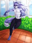  blue blue_hair bulge bushes canine claws clothed clothing fox hair half-dressed long_hair looking_at_viewer male mammal muscles nipples purple_hair red_eyes smile solo standing tokifuji topless 