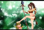  1girl anklet bandeau barefoot breasts cheng cleavage feet jewelry league_of_legends legs long_hair medium_breasts navel nidalee polearm shirt spear taut_clothes taut_shirt teemo weapon 