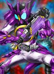  axe belt compound_eyes glowing glowing_eyes huujyu kamen_rider kamen_rider_ooo kamen_rider_ooo_(series) male_focus purple putotyra_(ooo_combo) solo weapon 