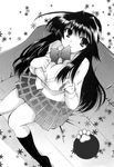  breasts cleavage comic greyscale highres kanokon large_breasts long_hair minamoto_chizuru monochrome mouth_hold no_bra non-web_source skirt smile solo 