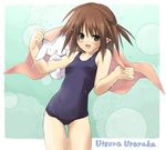  blush brown_eyes brown_hair loli mizugi pointed_ears school_uniform standing sukumizu towel utsura_uraraka wet 