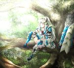  armor arrow bad_anatomy bad_id bad_pixiv_id bow_(weapon) closed_eyes forest highres long_hair midriff monster_hunter monster_hunter_portable_3rd nature navel numenume_(arisatan) ponytail quiver sitting smile solo tree weapon white_hair zinogre_(armor) 