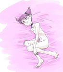  breasts dc_comics dice_k00 feet flat_chest grey_skin jinx looking_at_viewer lying lying_down nude pink_eyes pink_hair skinny small_breasts smirk teen_titans 