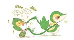  blush brown_eyes no_humans pokemon sewaddle sigh snivy translation_request vines 