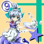  1girl alternate_costume alternate_hairstyle apron blue_eyes blue_hair blush bow cirno cup dress dropping enmaided hair_bow maid open_mouth ponytail pot red_star_(toranecomet) ribbon saucer shoes short_hair solo touhou tray wings 