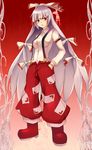  boots bow daminnaisu fujiwara_no_mokou hair_bow hands_in_pockets highres long_hair pants red_eyes silver_hair solo suspenders touhou very_long_hair 