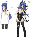  1girl before_and_after blue_hair breasts cleavage corruption demon_girl earrings green_eyes horns jewelry long_hair pointy_ears red_eyes tail tongue tongue_out transformation 