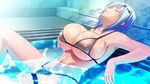  arm_support armpits bangs bikini blue_hair breasts bursting_breasts cleavage closed_eyes covered_nipples game_cg hair_ornament hairclip huge_breasts indoors kyonyuu_majo outstretched_arms parted_bangs partially_submerged q-gaku reclining refraction short_hair sideboob skindentation solo spread_arms spread_legs string_bikini swimsuit tenma_yuria thigh_strap thighs underboob wading_pool water wet 