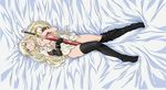  1girl bed blonde_hair blue_eyes blush breasts cleavage feet highres jpeg_artifacts long_hair octavia octavia_(tears_to_tiara) open_clothes open_shirt shirt solo sword tears_to_tiara thighhighs weapon 