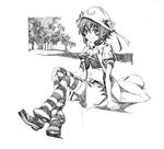  1girl arm_support facial_mark hat legs_crossed merry_nightmare midriff monochrome navel nobita pointy_ears short_hair sitting sketch smile solo striped striped_legwear striped_thighhighs traditional_media tree yumekui_merry 