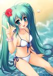  aqua_eyes aqua_hair beach bikini blush breasts cleavage flower flower_bracelet from_above front-tie_top hair_flower hair_ornament hatsune_miku hibiscus long_hair medium_breasts open_mouth seashell shell side-tie_bikini sitting smile solo submerged swimsuit twintails v very_long_hair vivi_tong vocaloid 
