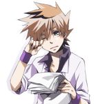  labcoat male male_focus ookido_shigeru paper papers pokemon pokemon_(anime) reading sleepy solo white_background 