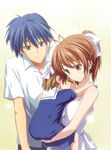  2girls ardnades blue_eyes blue_hair brown_eyes brown_hair child child_carry clannad family father_and_daughter furukawa_nagisa highres husband_and_wife mother_and_daughter motherly multiple_girls okazaki_tomoya okazaki_ushio ponytail short_hair 