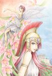  angel_wings anklet athena_(mythology) barefoot blue_eyes bracelet flower goddess greek_mythology helmet jewelry kaori_natsuki long_hair multiple_girls mythology nike_(mythology) pink_eyes pink_hair red_hair short_hair traditional_media wings 