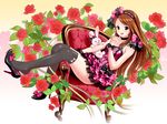  armchair black_legwear blush bow brown_eyes brown_hair chair dress finger_to_mouth flower frills gathers hairband high_heels idolmaster idolmaster_(classic) lolita_fashion long_hair minase_iori open_mouth over-kneehighs plaid ponnetsu red_flower red_rose rose shoe_dangle shoes smile solo stuffed_animal stuffed_bunny stuffed_toy thighhighs 