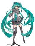  aqua_eyes aqua_hair detached_sleeves hatsune_miku headphones long_hair microphone microphone_stand necktie simple_background skirt sleeves_past_wrists solo thighhighs twintails very_long_hair vocaloid yorih 