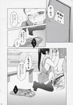  1girl bed belt blush comic copyright_request doujinshi fellatio greyscale hetero highres kneeling monochrome one_eye_closed oral otakubeam overalls pants_pull penis ponytail shasglakl sign sweat table thighhighs translated 