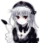  :&lt; blush feathers frown hairband jakku long_hair pale_skin red_eyes rozen_maiden silver_hair simple_background solo suigintou 