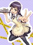  apron armpits badge black_legwear caution_tape dishes foreshortening hands long_hair md5_mismatch polka_dot polka_dot_background purple_eyes purple_hair smile solo thighhighs tray tsurime v waitress working!! yamada_aoi yoshikawa_kazunori zettai_ryouiki 