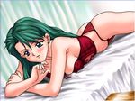  bed casual_romance_club green_eyes green_hair houkago_ren-ai_club lingerie 