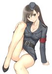  belt blush breasts brown_eyes brown_hair cleavage garrison_cap hat knees large_breasts legs long_legs military military_uniform original panties pantyshot solo tanaka_takayuki thighs underwear uniform white_panties 