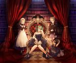  3girls album_cover apron aqua_eyes aqua_hair bad_id bad_pixiv_id barefoot blonde_hair book cover curtains dress flower gloves hair_flower hair_ornament hair_ribbon hairclip hatsune_miku horns kagamine_len kagamine_rin long_hair maid maid_headdress megurine_luka mishima_yoshikatsu multiple_girls necktie pink_hair ribbon shoes sitting skull throne twintails very_long_hair vocaloid 