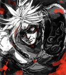  angry looking_at_viewer male_focus monochrome nier nier_(old) nier_(series) red_eyes solo spot_color 