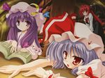  bat_wings book bookshelf demon_girl demon_tail hat head_wings koakuma long_hair multiple_girls patchouli_knowledge purple_eyes purple_hair red_eyes red_hair remilia_scarlet short_hair tail touhou wings yamu_(reverse_noise) 