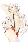  alternate_costume armpits bangs blunt_bangs borrowed_design bow breasts crop_top fujiwara_no_mokou hair_bow hair_ribbon hand_on_own_head long_hair medium_breasts midriff navel open_mouth pose red_eyes revealing_clothes revision ribbon short_shorts shorts silver_hair solo suspenders thighhighs touhou underboob white_hair white_legwear wristband yunar 