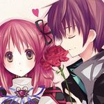  1girl asbel_lhant brooch brown_eyes brown_hair bug butterfly cheria_barnes closed_eyes couple flower hair_ribbon heart hetero insect jewelry long_hair pink_hair red_flower red_rose ribbon rose side_ponytail smile tales_of_(series) tales_of_graces yuuri_(114916) 