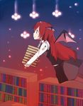  bad_id bad_pixiv_id bat_wings book bookshelf buttons carrying flying holding holding_book koakuma library long_hair long_sleeves necktie pantyhose profile pun2 red_eyes red_hair shelf skirt smile solo touhou vest voile wings 
