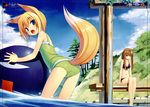  absurdres animal_ears ball bare_legs beachball bikini blonde_hair blue_eyes blush breasts brown_eyes brown_hair fang fox_ears fox_tail front-tie_top hair_ribbon highres huge_filesize kuroino_(poco) long_hair looking_back multiple_girls navel one-piece_swimsuit open_mouth original poco_(asahi_age) ponytail ribbon shiratama_kitsune sitting small_breasts smile swimsuit tail water 