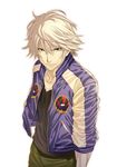  blonde_hair collarbone ivan_karelin jacket letterman_jacket male_focus purple_eyes purple_jacket simple_background solo tiger_&amp;_bunny tomozo_kaoru white_background 