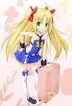  astarotte_ygvar bare_shoulders blonde_hair blush bow child detached_collar green_eyes hair_bow hand_on_hip long_hair lotte_no_omocha! luggage open_mouth pointy_ears rolling_suitcase solo thighhighs twintails white_legwear wrist_cuffs yoruda 