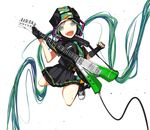  aqua_eyes aqua_hair fingerless_gloves gloves guitar hat hatsune_miku headphones instrument jumping long_hair moyacy necktie open_mouth skirt solo themed_object twintails very_long_hair vocaloid 