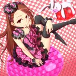  &gt;_&lt; black_legwear bow breasts brown_eyes brown_hair checkered checkered_background choker clearite cleavage closed_eyes dress frills hairband highres idolmaster idolmaster_(classic) leg_hug long_hair medium_breasts minase_iori no_shoes plaid smile solo stuffed_animal stuffed_bunny stuffed_toy thighhighs wrist_cuffs 