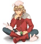  bad_id bad_pixiv_id barnaby_brooks_jr belt blonde_hair blue_eyes boots bunny feeding glasses hand_on_own_chin jacket leaf male_focus murakami_yuichi red_jacket sitting solo studded_belt sunglasses tiger_&amp;_bunny too_many 