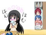  akemi_homura blush chibi clothes_sniffing hijikata_(laranja) homu instrument kaname_madoka kyubey legs mahou_shoujo_madoka_magica mami_mogu_mogu miki_sayaka multiple_girls o_o open_mouth recorder sakura_kyouko smelling tears tomoe_mami translated 