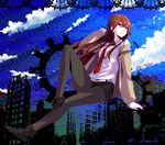  boots brown_hair cloud day highres jacket kikyoneko legs legwear_under_shorts long_hair long_legs makise_kurisu necktie pantyhose purple_eyes red_neckwear shorts sky solo steins;gate thighs 