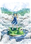  blue_eyes blue_hair bow cirno dress frog hair_bow hair_ribbon ice ribbon river short_hair snow touhou water 