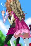  breast_grab breasts brown_hair day from_behind from_below grabbing half_updo haruyama_kazunori houjou_hibiki hug hug_from_behind medium_breasts minamino_kanade multiple_girls orange_hair panties precure sky suite_precure surprised_arms thighhighs tree two_side_up underwear upskirt yuri 