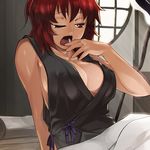  breasts cleavage duplicate large_breasts onozuka_komachi red_hair solo sun-3 touhou yawning 