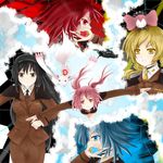  absurdres aircraft akemi_homura bad_id bad_pixiv_id black_hair blonde_hair blue_eyes blue_hair charlotte_(madoka_magica) cloud day dclockwork drill_hair falling hairband helicopter highres kaname_madoka kyubey long_hair lyrical_nanoha mahou_shoujo_lyrical_nanoha_strikers mahou_shoujo_madoka_magica miki_sayaka military military_uniform multiple_girls parody pink_eyes pink_hair red_eyes red_hair sakura_kyouko short_hair short_twintails sky soul_gem tomoe_mami tsab_ground_military_uniform twintails uniform yellow_eyes 